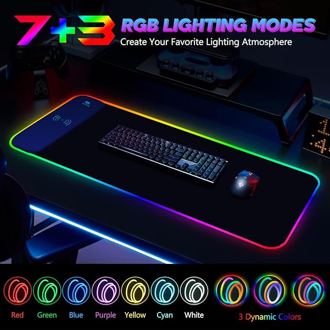 RGB Gaming Mouse Pad with Wireless Charging Large LED Mouse Pad with 10 Light Modes Extended Keyboard Pad Non-Slip Rubber BaseWaterproof Desk Pad for Home Office Black