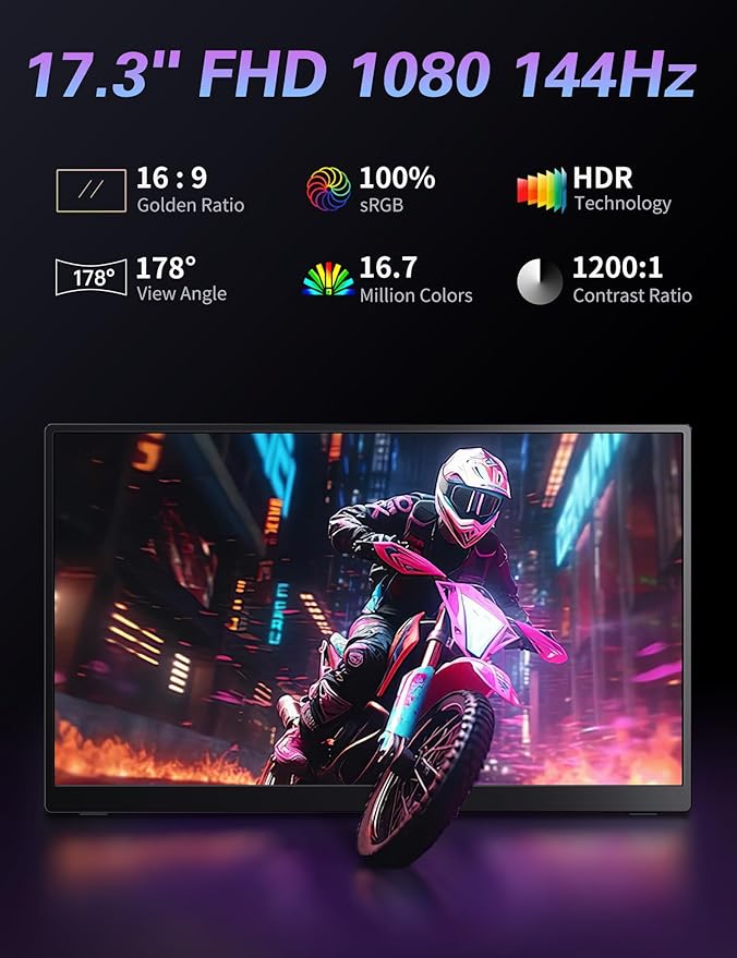 Portable Monitor 17.3 144Hz FHD 100% sRGB HDR Portable Gaming Monitor Travel Monitor with Kickstand &amp Speakers USB-C HDMI External Screen for Laptop Mac Xbox Switch PS5/4