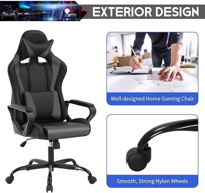 Ergonomic Gaming Chair Home Office Desk Chair with Headrest and Lumbar Support for Adults Height Adjustable Computer Chairs Pu Leather 360° Swivel High-Back Grey