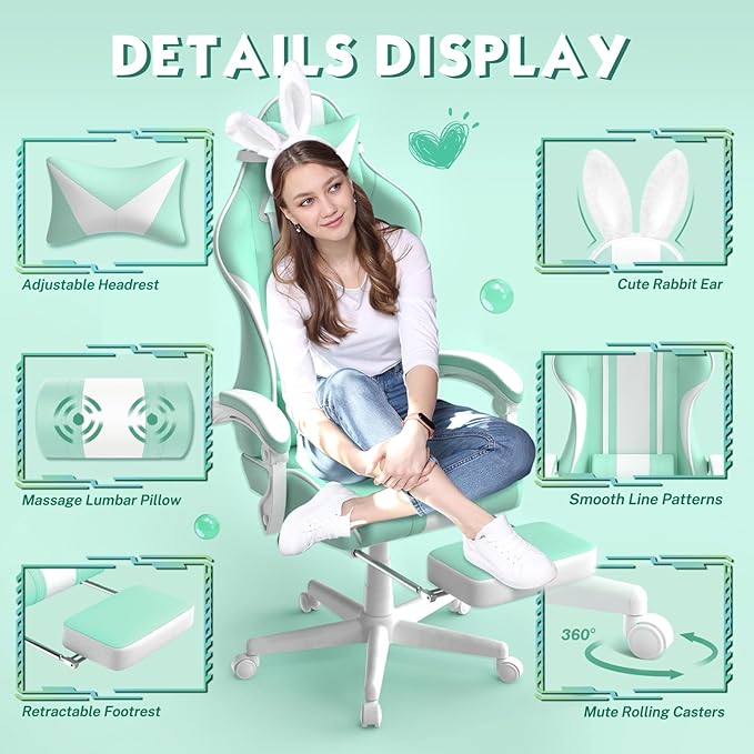 Ferghana Kawaii Light Green Gaming Chair with Bunny Ears Ergonomic Cute Gamer Chair with Footrest and Massage Racing Reclining Leather Computer Game Chair 250lbs for Girls Adults Teens Kids