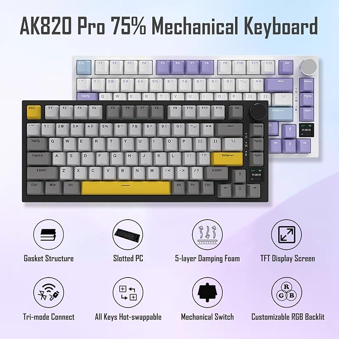 AJAZZ AK820 Pro 75% Gasket RGB Wireless Mechanical Keyboard with TFT Screen Volume knob Bluetooth/2.4G/Wired 3-Modes Compact 82 Hot-Swap Keys Tricolor PBT Keycap 4000 mAh (Gray&ampYellow 3-Modes