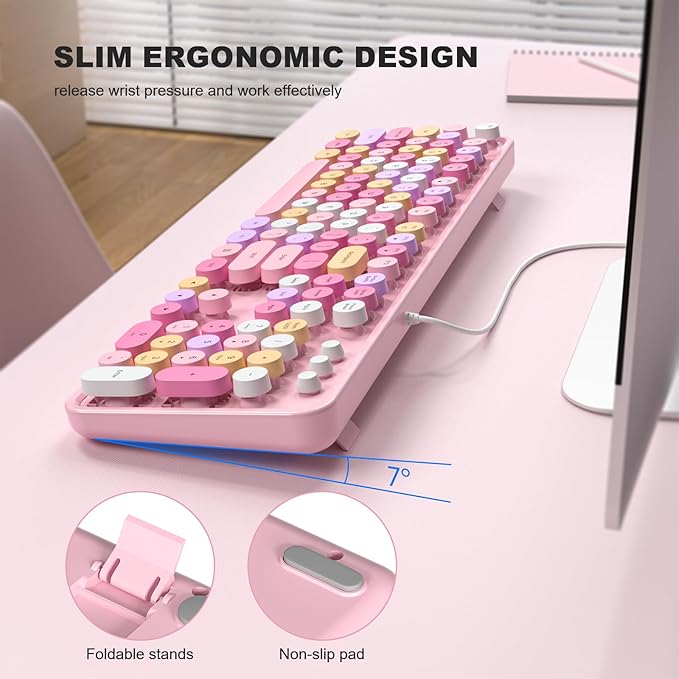 Colorful Computer Keyboards Wired USB Plug and Play Full Size Typewriter Keyboard Cute Aesthetic Keyboard with Foldable Stands for Windows PC Laptop (Pink)