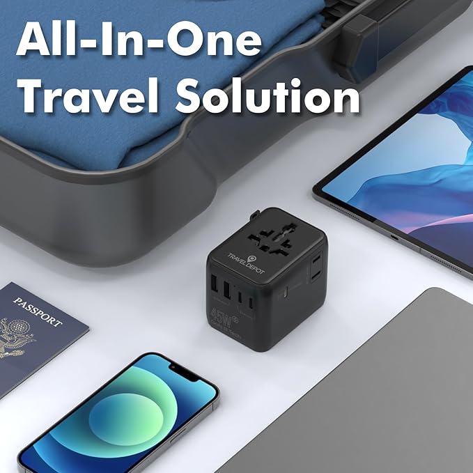 7 in 1 Travel Adapter Worldwide w/GaN 45W 2 USB-A (15W) 3 USB-C (45W) 2 AC Outlets Safety Certified International Plug Adapter for Universal Laptop Phone Camera for US EU UK AU