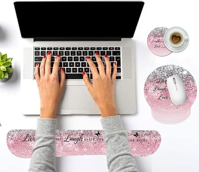 Keyboard Wrist Rest and Mouse Pad Wrist Support Set with CoastersErgonomic Gaming Mousepad for Home Office Working Studying Easy Typing &amp Pain ReliefLive Love Laugh Quote Pink Sparkle Glitter