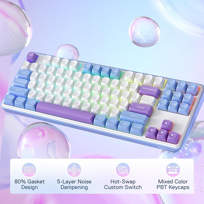 Redragon K707 PRO 80% Wireless Gasket RGB Gaming Keyboard 3-Modes 87 Keys TKL Mechanical Keyboard w/Hot-Swap Socket PBT Round Keycaps &amp 5-Layer Noise Dampening Custom Linear Switch