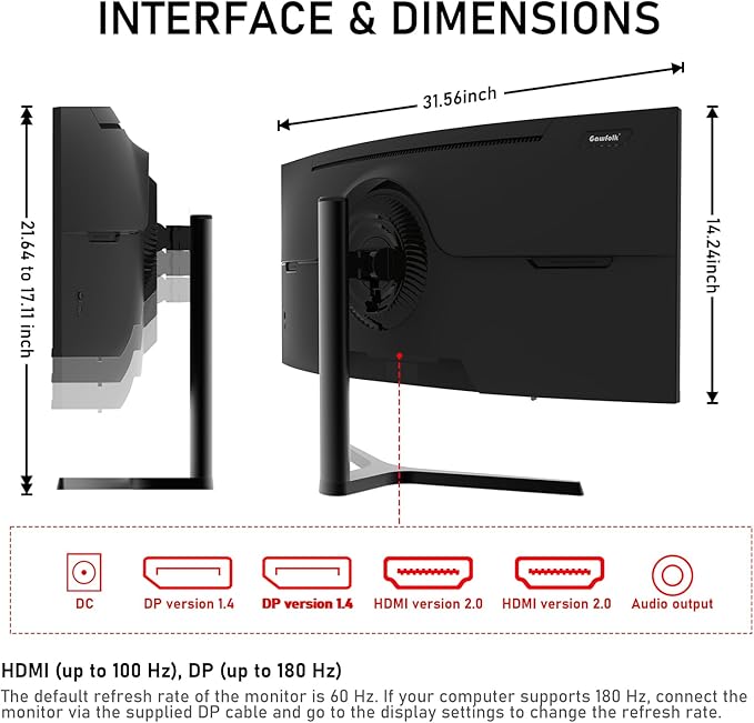 Gawfolk 34 Inch Ultrawide Curved 180Hz Gaming Computer Monitor 1000R PC screen 21:9 UWQHD (3440x1440) 1ms100%sRGBAdaptive SyncHDMI、Display PortLiftable StandWall Mount Compatible 75*75mm-Black