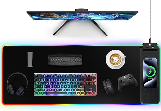 Mouse Pad with Wireless Charging Large Desk Mat RGB Gaming Mousepad 10 Light Colors LED Gaming Pad Keyboard Pad with Ultra-Smooth Surface &amp Non-Slip Rubber Base Waterproof Full Desk Mouse Pad