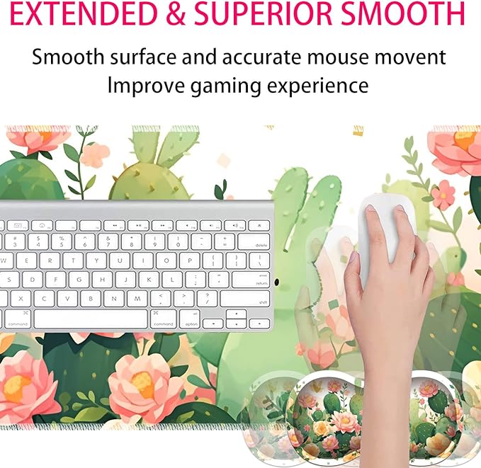 Large Gaming Mouse Pad + Mouse Wrist Rest Pad + Coaster Combination 31.5 x 11.8 Durable Non-Slip Extension Table Mat Suitable for Office and Home Cactus