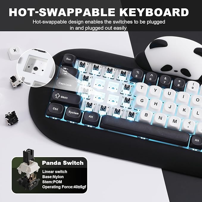 YUNZII C68 Panda Wireless Mechanical Gaming Keyboard 68 Keys Cute Layout with PBT KeycapsRGB Backlit Hot SwappableCreamy SwitchesBT5.0/2.4G/Wired for Win/Mac(BlackPanda Switch)