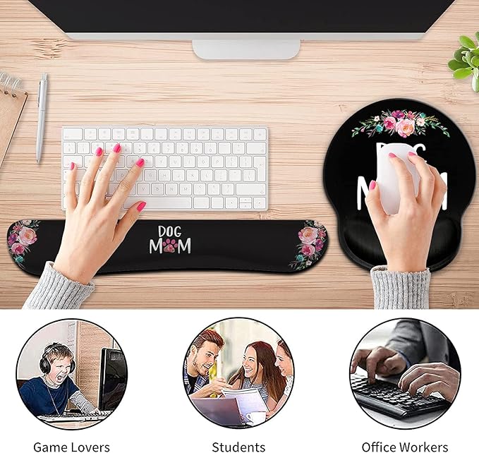 Ergonomic Mouse Pad Wrist Support Gel and Keyboard Wrist Rest Set for Laptop Mac Gaming and Office Durable Comfortable and Pain Relief + Coaster Dog Mom Floral Design