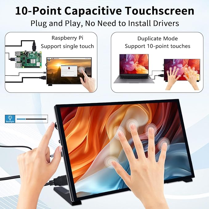 GeeekPi 10.1 Inch Capacitive Touchscreen Display 1024x600 IPS LCD with Dual-Speaker HDMI Portable Monitor for Raspberry Pi 5/4B/3B+/3B/B+/Zero/400 Win11/10/8/7 Free-Driver