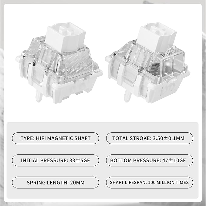 Zhouwang Magnetic Moonlight White Hall Effect switches Linear Factory Pre-lubed Freely Setting Pre-TraveSwitches for Magnetic Gaming Keyboard（108PCS）