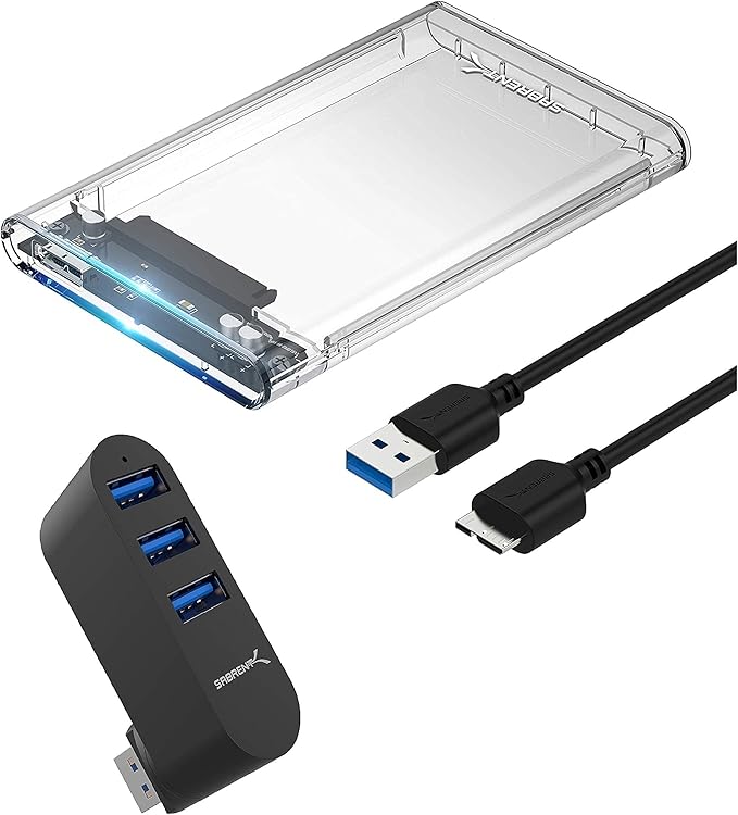 SABRENT 2.5-Inch SATA to USB 3.0 Tool-Free Clear External Hard Drive Enclosure +Premium 3-Port Aluminum Mini USB 3.0 Hub