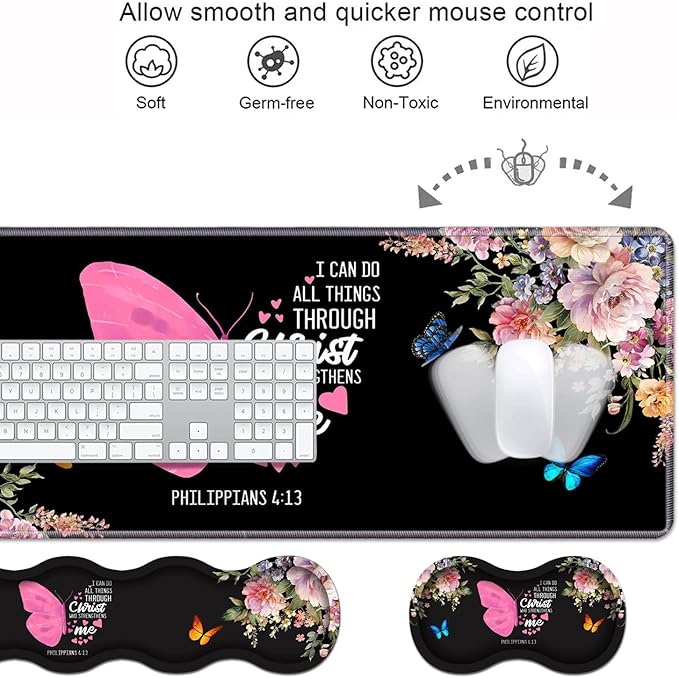 Ergonomic Keyboard Wrist Rest &amp Mouse Pad Wrist Rest Set 31.5x 11.8 Large XXL Gaming Desk Pad Memory Foam Non-Slip Desk Mat for Office &amp Home Floral Butterfly Quote Bible Verse Philippians
