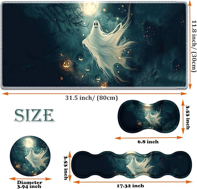 Large Gaming Mouse Pad + Keyboard Wrist Rest + Wrist Support + Coaster Set Memory Foam Ergonomic for Easy Typing XXL Extended Gaming Mouse Pad Table Pad - Halloween Ghost