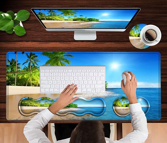 Office Desk Pad Large Mouse Pad(31.5 x 11.8) Laptop Desk Table Protector Extended Writing Mat Ergonomic Memory Foam Keyboard Wrist Rest SupportTropical Palm Sea Beach View Gaming Mouse Pad Set