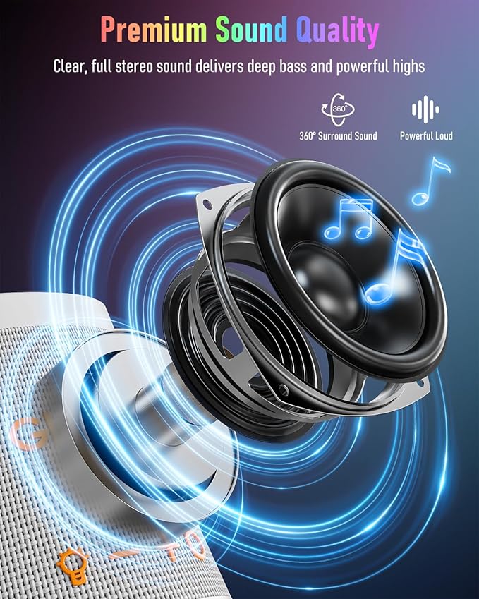 Portable Bluetooth Speaker Wireless with 9 Color Lights 20H Playtime Stereo Pairing Deep Bass IPX6 Waterproof Bluetooth 5.3 Small Speaker for Home Party Outdoor Camping Beach Gift