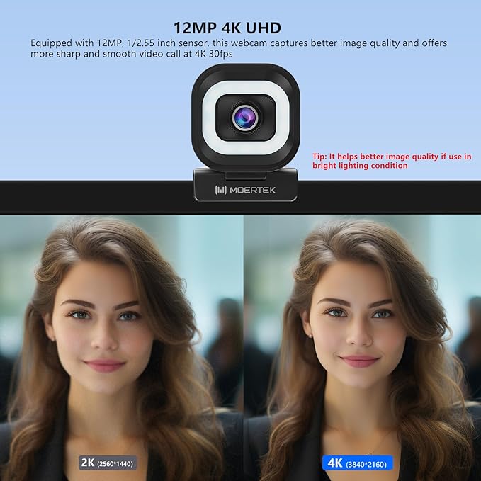 4K Webcam with 5-Level LED Light 12MP Camera USB Webcam with Dual Noise-canceling Microphones PDAF Fast Auto Focus Remote Control 360° Rotation Perfect for Live streaming Online Meeting