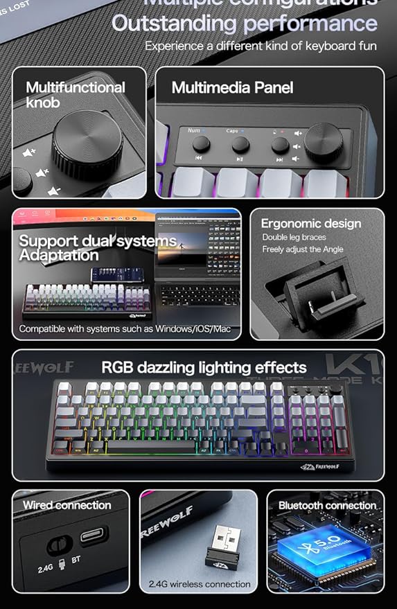 K100 99 Keys Gaming Membrane Wireless Keyboard with Media KnobTri-Mode BT/2.4GHz/USB-CSide Printed Keys RGB Backlit Retro Cute Creamy Silent Computer Keyboard for MAC PC- Gradient Blue