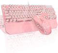 Typewriter Mechanical Gaming Keyboard and Mouse Combo Retro Punk Round Keycaps RGB Rainbow Backlit Wired Keyboard for Game and Office for Windows Laptop PC Red Switches(Pink)