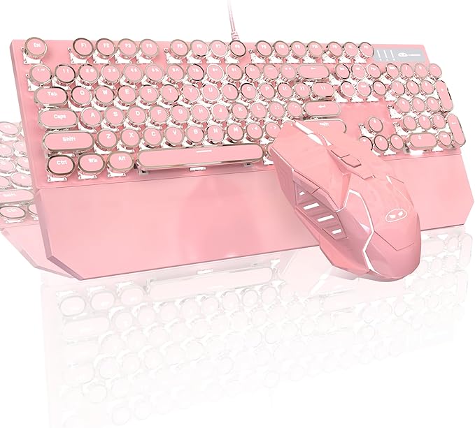 Typewriter Mechanical Gaming Keyboard and Mouse Combo Retro Punk Round Keycaps RGB Rainbow Backlit Wired Keyboard for Game and Office for Windows Laptop PC Red Switches(Pink)