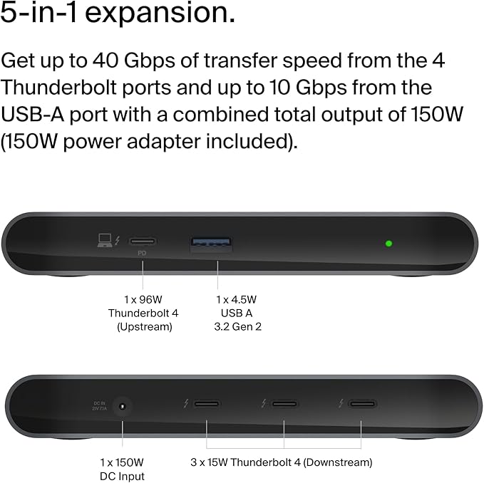 Belkin Connect Thunderbolt 4 Docking Station 5-in-1 USB-C Multiport Core Hub w/ 96W Power Delivery for Mac Windows Single 8K or Dual 4K Display Thunderbolt 4 Cable &amp Power Supply Included
