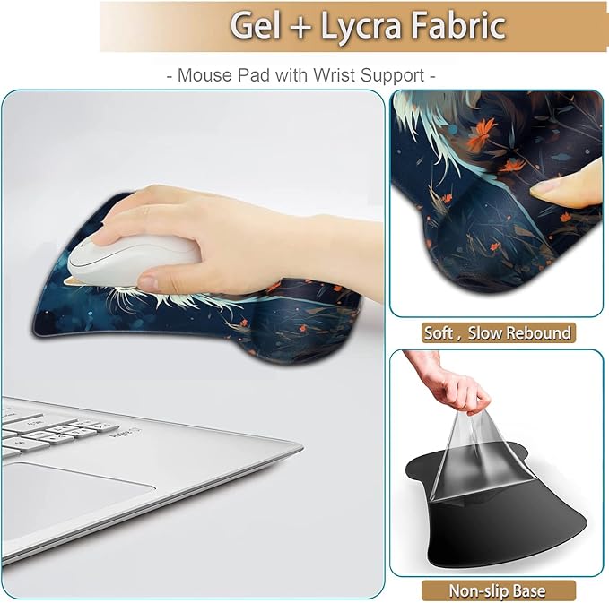 Keyboard Wrist Rest and Mouse Pad Wrist Support Set Ergonomic Gel Mouse Pad Wrist Rest with Non-Slip Base for Home Office Desk Pad Easy Typing Cute Red Fox Animal Pattern Black Gaming Mouse Mat