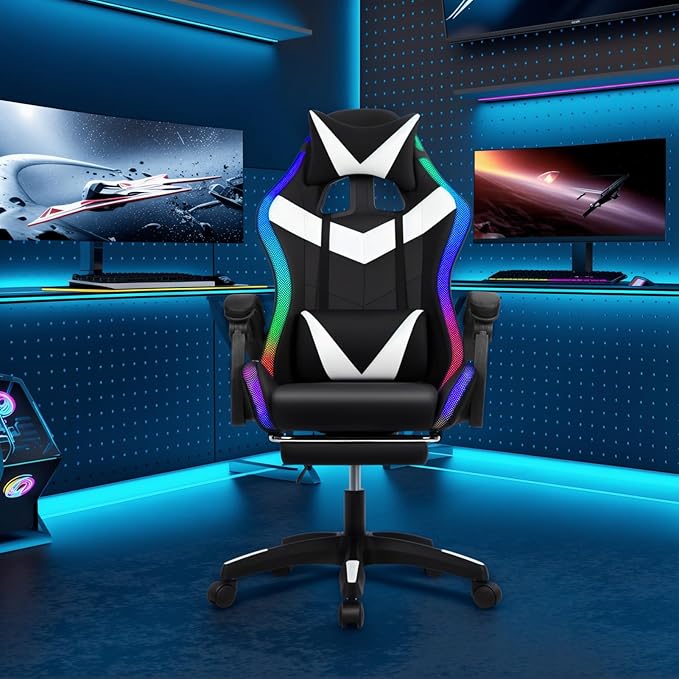 Talent Star RGB Gaming Chair with LED LightsAdjustable Ergonomic Massage Computer Gaming Chair with Speakers &amp Footrest High Back Video Game Chair with Lumbar Support for Adults White