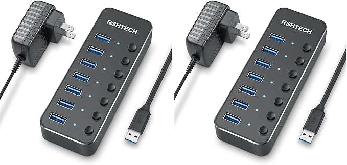 USB 3.0 Hub RSHTECH 7 Port Powered USB Hub Expander Aluminum USB 3.0 Data Port hub with Universal 5V AC Adapter and Individual On/Off Switches USB Splitter for Laptop and PC(Black) (Pack of 2)