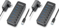USB 3.0 Hub RSHTECH 7 Port Powered USB Hub Expander Aluminum USB 3.0 Data Port hub with Universal 5V AC Adapter and Individual On/Off Switches USB Splitter for Laptop and PC(Black) (Pack of 2)