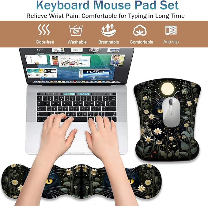 Ergonomic Keyboard Wrist Support Pad and Wrist Support Mouse Pad Anti-Slip with Gel Memory Mouse Pad Set Suitable for Office Use/Home Use - Cat Moon