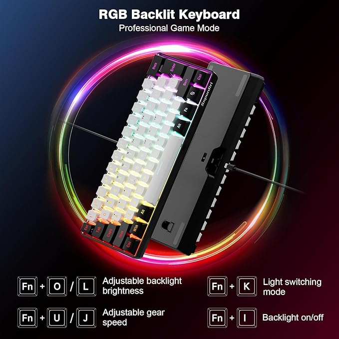 Snpurdiri 60% Wired Gaming Keyboard 61 Keys RGB Backlit Ultra-Compact Small Gaming Keyboard for PC/Mac Gamer Typist Travel Easy to Carry on Business Trip(Black-White)