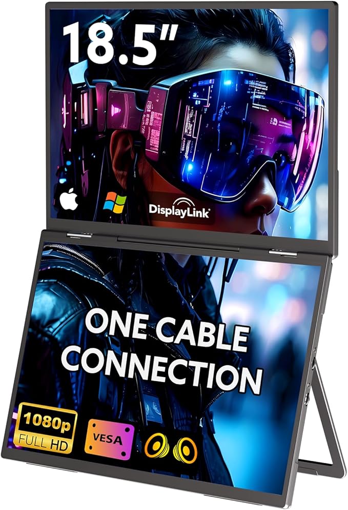 18.5'' Portable Dual Monitor One Cable Laptop Screen Extender FHD 1080P 100Hz Type-C USB-A HDMI Folding Stacked Triple Monitor Built-in Stand Speakers for Laptop Desktop Windows Mac(Driver Need)