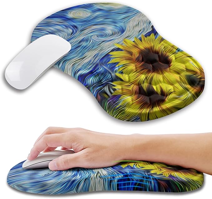 Ergonomic Mouse Pad Wrist Support with Memory Foam Massage Bulge Carpal Tunnel Pain Relief Mousepad Wrist Rest for Mouse(12x8 inchSunflower)