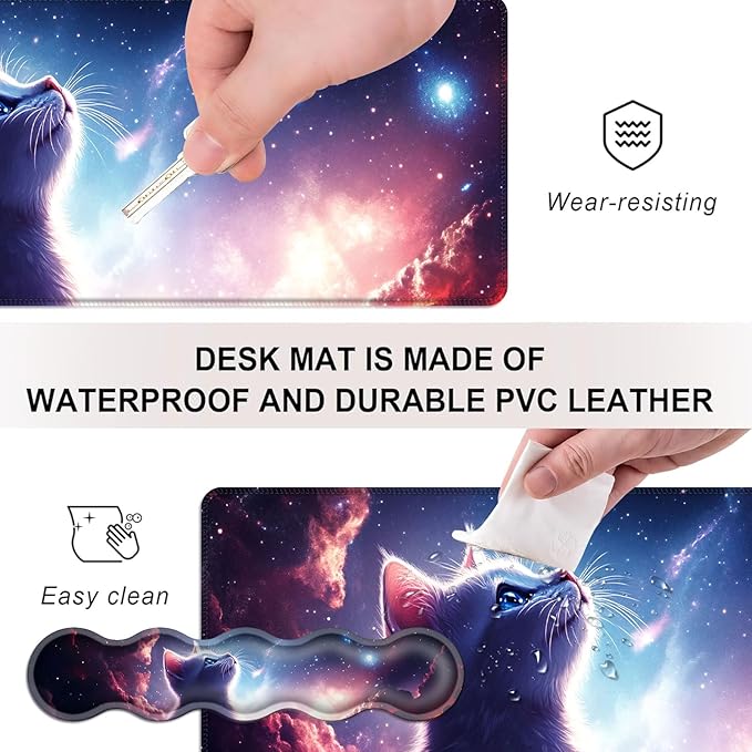Mouse PadLarge Desk Mat Set 4in1 XL Mousepad + Keyboard Wrist Rest+Mouse Wrist Rest+Coaster with Ergonomic Desk Pad for Home Office Table Computer Cover -Cat Looking at Starry Sky