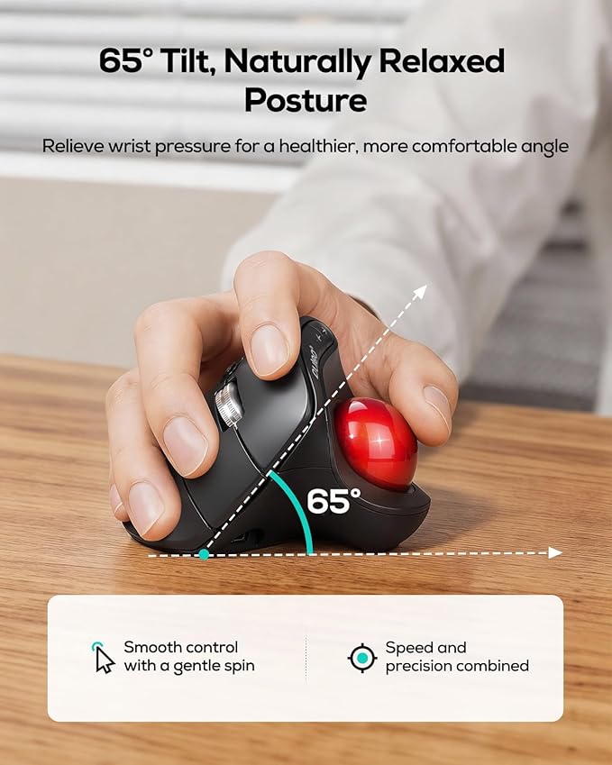 Nulea M514 Vertical Trackball Mouse Ergonomic Wireless Thumb-Control Mouse with Quiet Clicks Ultra-Fast Scrolling 3 Device Connection (Bluetooth &amp USB Receiver) Rechargeable for PC/Mac/Laptop