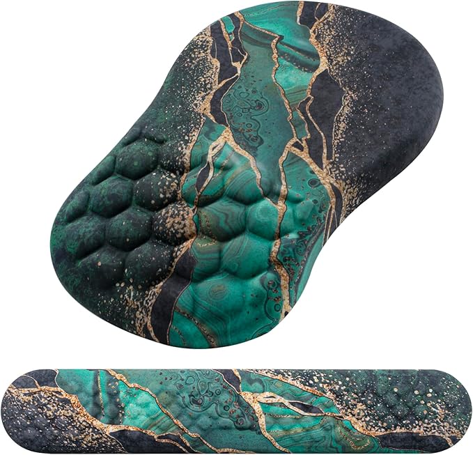 Mouse Pad Wrist Support Laokiiy 2 in1 Keyboard Wrist Rest+ Ergonomic Mouse Pad Non-Slip Wrist Rest for Computer Keyboard Made Easy Typing &amp Relieve Wrist Pain（Green Gold Black Marble）