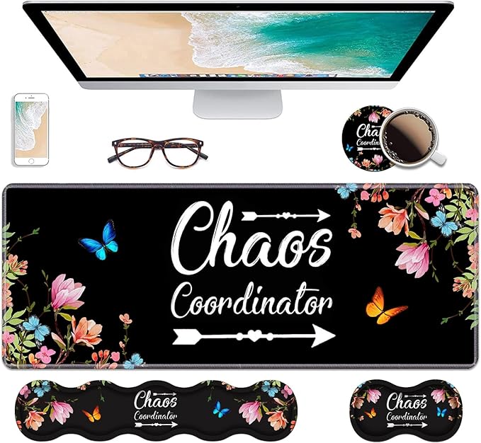 Ergonomic Keyboard Wrist Rest &amp Mouse Pad Wrist Rest Set Chaos Coordinator Quote Vintage Watercolor Floral Large Gaming Desk Mat 31.5x 11.8 with Memory Foam Easy Typing Pain Relief for Home Of