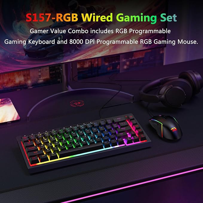 Redragon Wired Gaming Keyboard and Mouse Combo RGB Backlit 60% Mini Macro Membrane Keyboard with Anti-Ghosting &amp Multimedia Keys + 8000 DPI Programmable Optical Mice for PC Laptop