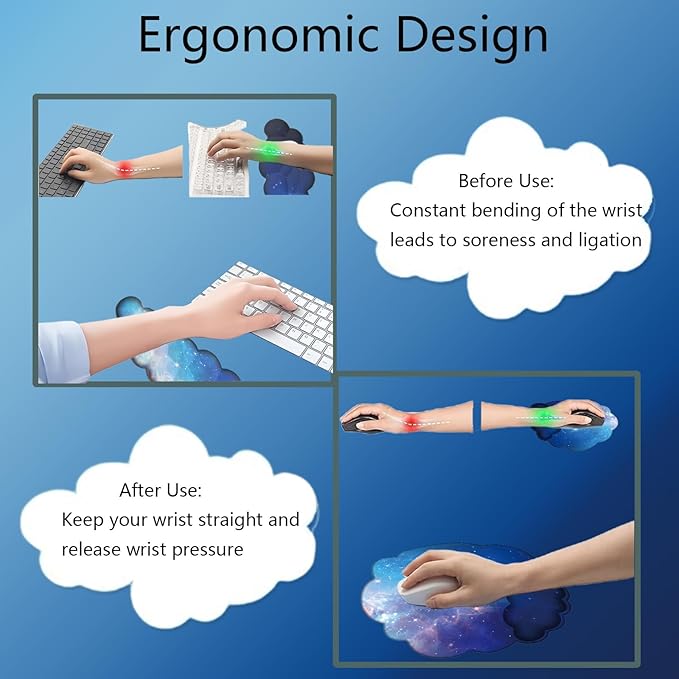 Cloud Wrist Rest Keyboard Galaxy Mouse Pad with Wrist Rest Ergonomic Space Wrist Pad Memory Foam Non-Slip Wrist Pad Support for Computer Laptop Gaming Home Office Relief Typing Pain Gradient Blue