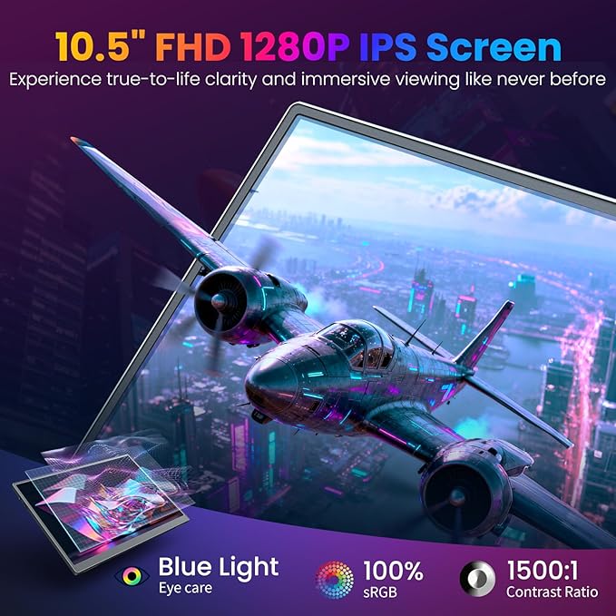 Portable Monitor 10.5 inch 1280P 420 Nits100% sRGB Ultra-Slim Travel Monitor HDR 16:10 Display with Adjustable Stand &ampSpeakers USB-C HDMI External Monitor for Laptop PC Phone