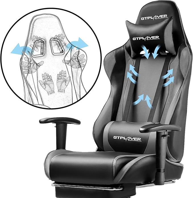 GTPLAYER Gaming Chair with Footrest Ergonomic Computer Game Desk Chair Reclining Gamer Chair Seat Height Adjustment Swivel Rocker with Headrest and Lumbar (Gray)