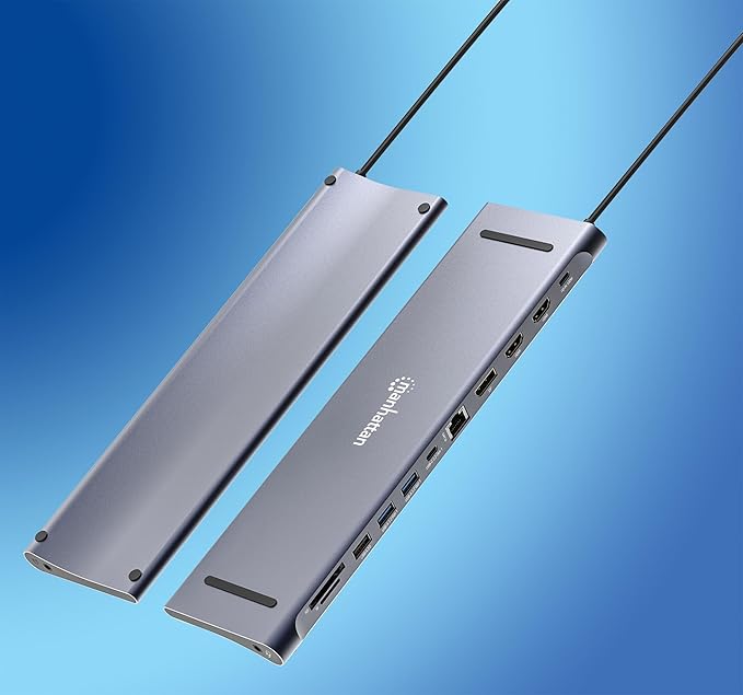 Manhattan USB C Docking Station 2 HDMI 3 Monitor Station 12 in 1 Triple Display Laptop Docking Station with 5Gbps USB-A/C 3.1 USB 2.0 100W PD Ethernet Audio SD/TF Card Slot- 190305