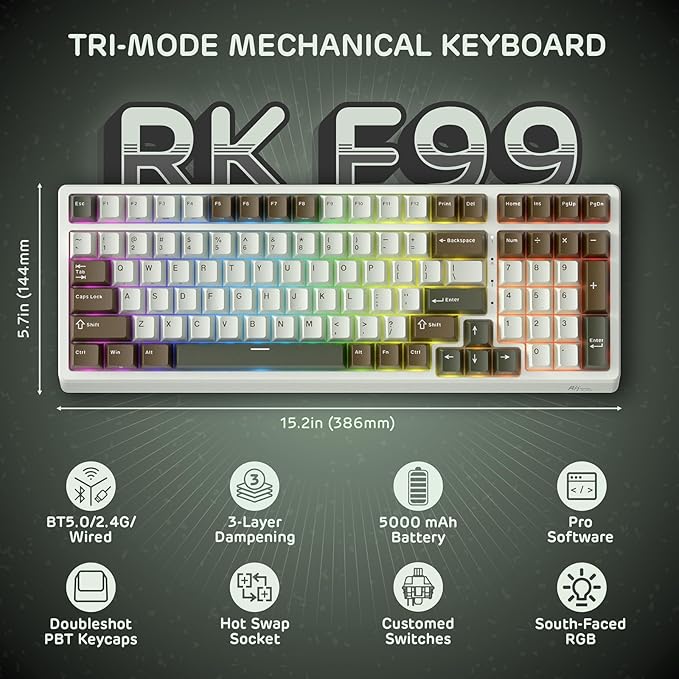 RK ROYAL KLUDGE F99 Wireless Mechanical Keyboard with Numper Pad Tri-Mode Hot Swappable 95%100 Keys Gaming Keyboard BT/2.4G/USB-C RGB Backlit Gaming Keyboard for PC/Tablet/Xbox/PS4/PS5