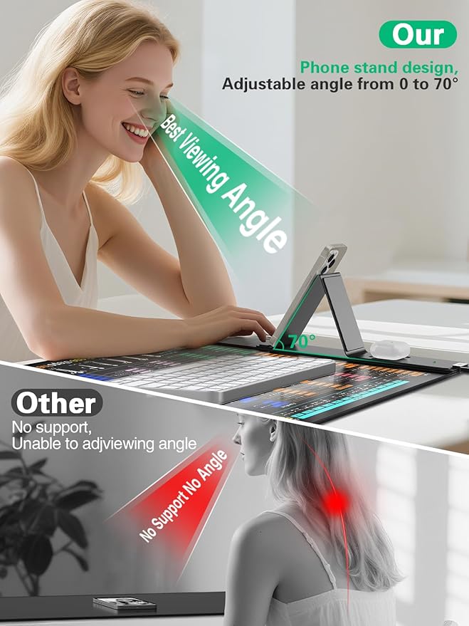 Mouse Pad with Foldable Phone Holder Wireless Charging Desk Mat with Excel Shortcut Keys 31.5x15.8 Large Mousepad with Superior Micro-Weave Cloth XXL Desk Pad Non-Slip Waterproof