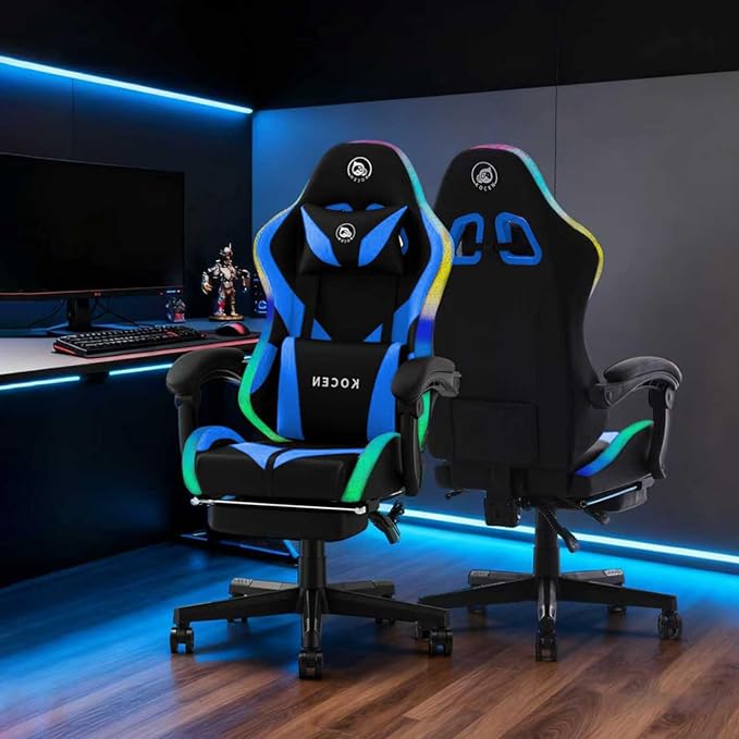 LED Gaming Chairs for Adults Tall and KidsLumbar SupportLED LightsHigh Back Reclining Computer Chair with Headrest(Blueblack)