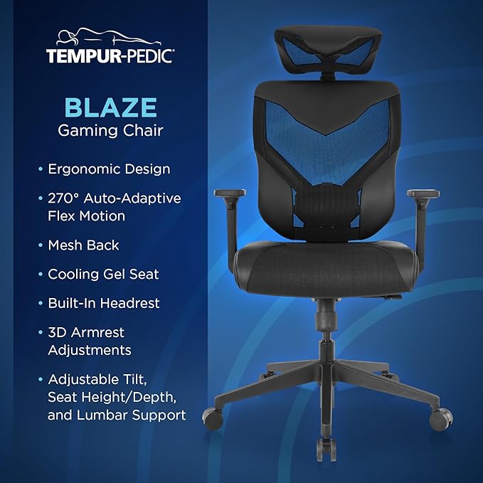 Tempur-Pedic Blaze Auto-Adaptive Ergonomic Gaming Chair with Lumbar Support and 3D Armrest Adjustment Cooling Racing Style Gaming Chair Black