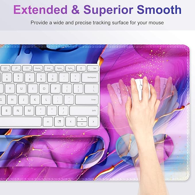 Large Gaming Mouse Pad Set 4 in 1 Ergonomics Keyboard Desk Mat with Memory Foam Wrist Rest Computer PC Extended Game Mousepad Non-Slip Desk Pad Matt Easy Typing Pain Relief I Colorful Marble
