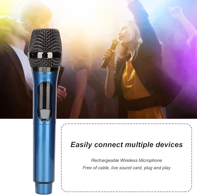 Cordless Microphone Dual Digital Dynamic Microphone with Receiver 50m Range 3.5mm Adapter Microphone with Smart LED Display for Singing Karaoke Meeting Wedding (Blue)