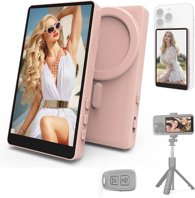 Vamvo Selfie Monitor Screen Vlog Magnetic with Remote Control 1080P Wireless Screen Mirroring Video Recording for Android iOS for Content Creator Live Stream &amp TikTok (Pink)